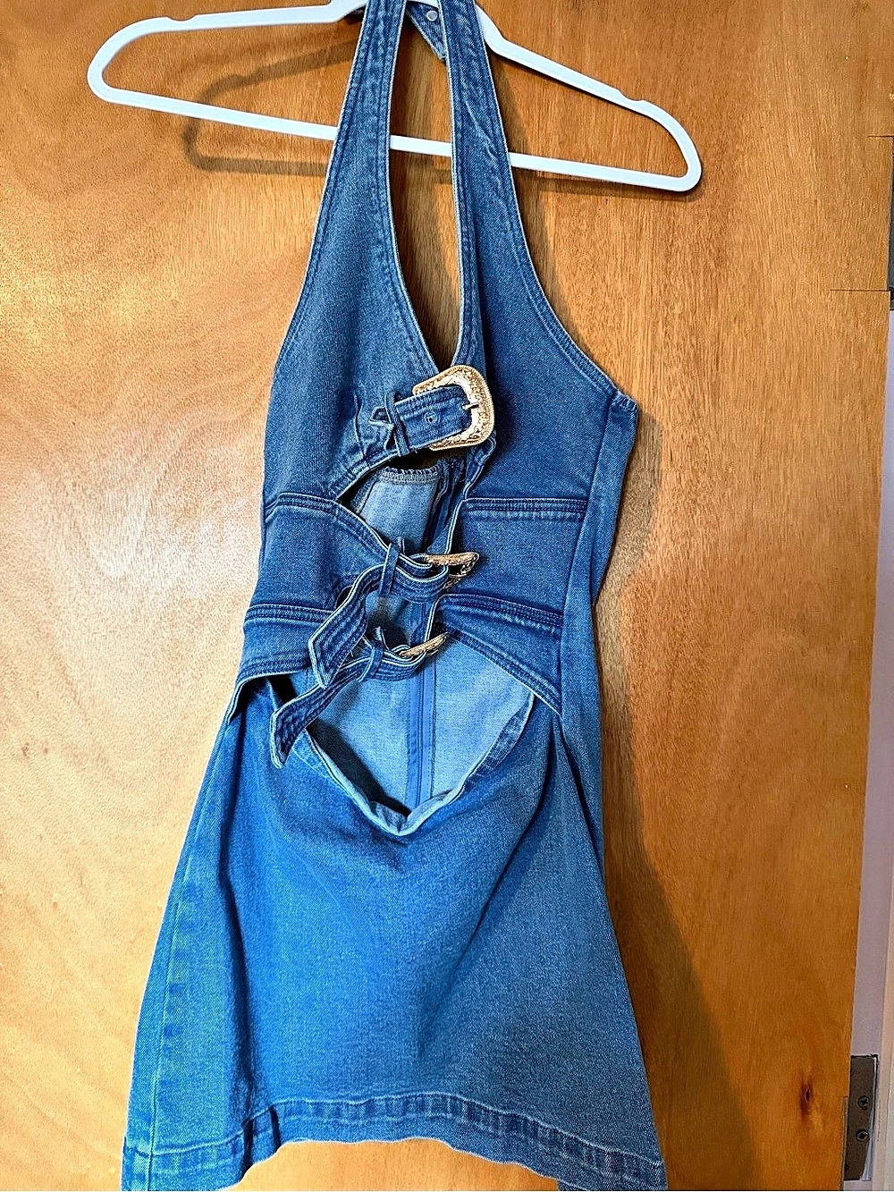 Halter Neck Buckle Detail Denim Dress